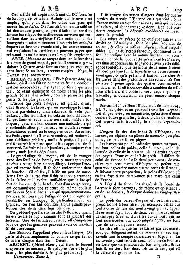 Page 129 du 1er tome du Dictionnaire encyclopédique du commerce.