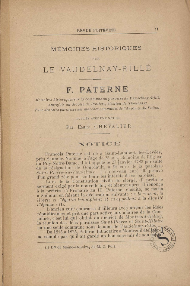 Périodique Revue poitevine et du Saumurois d'août 1897.