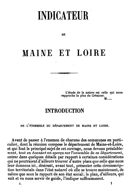 Page 1 du premier tome de l'Indicateur de Maine et Loire de Millet.