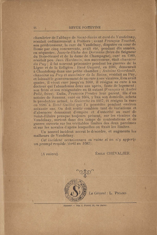 Périodique Revue poitevine et du Saumurois d'août 1897.