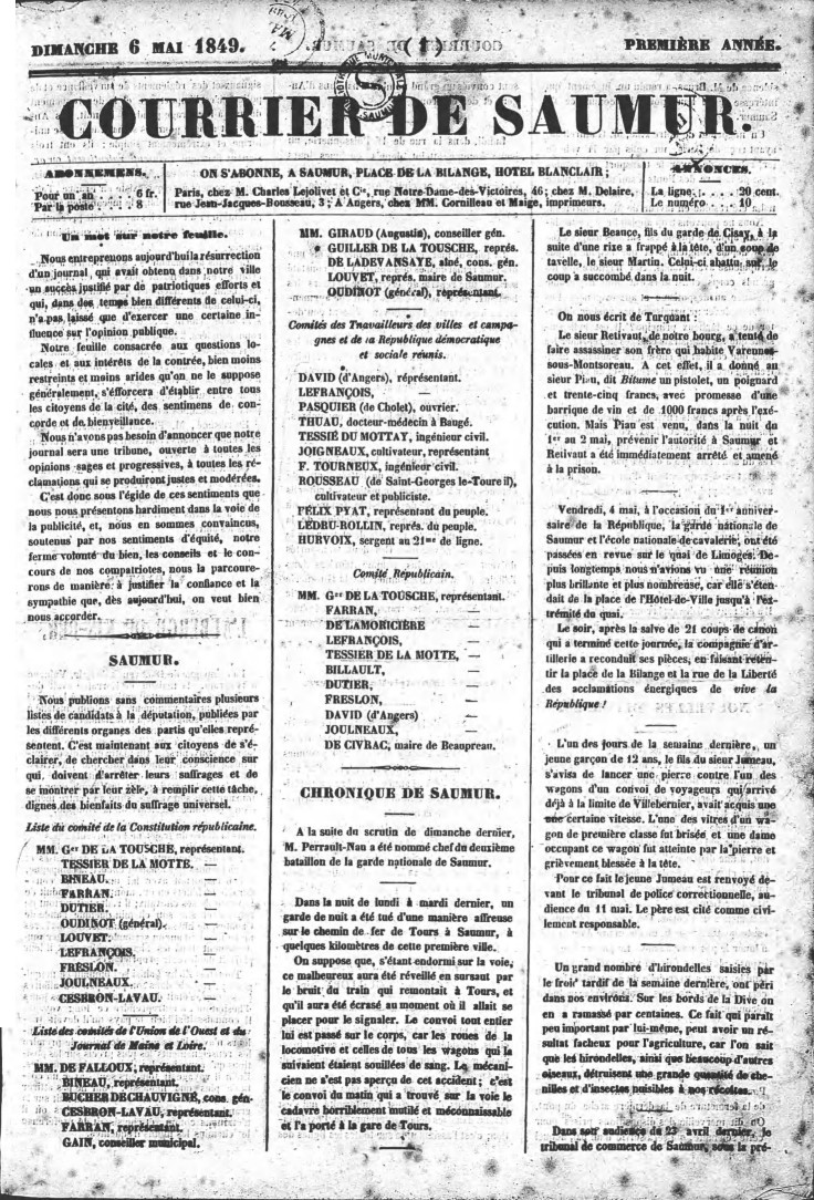 Page 1 du Courrier de Saumur du 6 mai 1849.