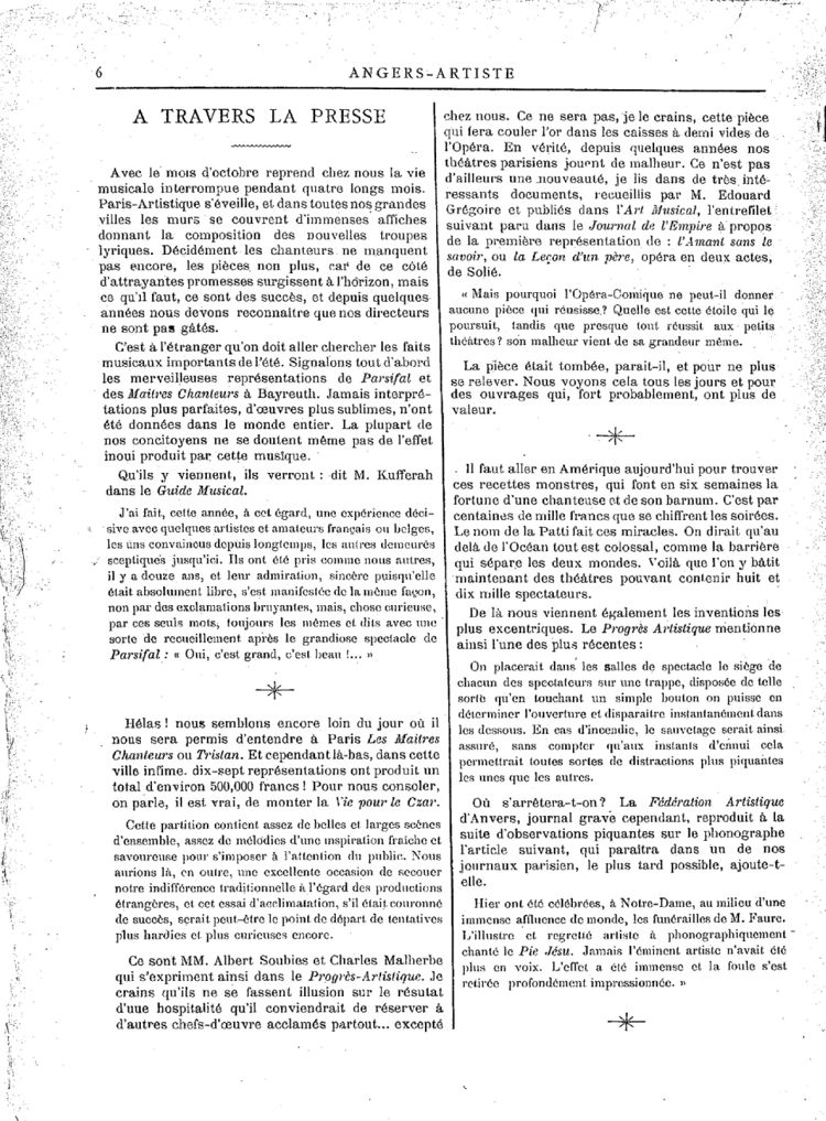Page 6 du périodique Angers Artiste du 6 octobre 1888.