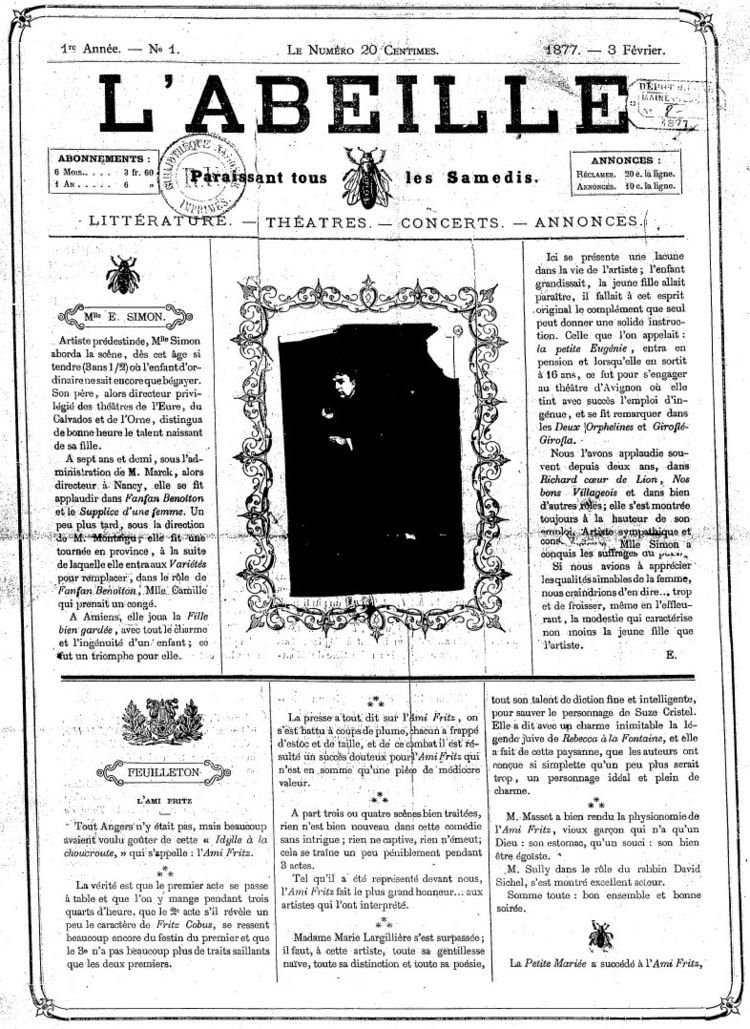 Page 1 du périodique L'Abeille du 3 février 1877.