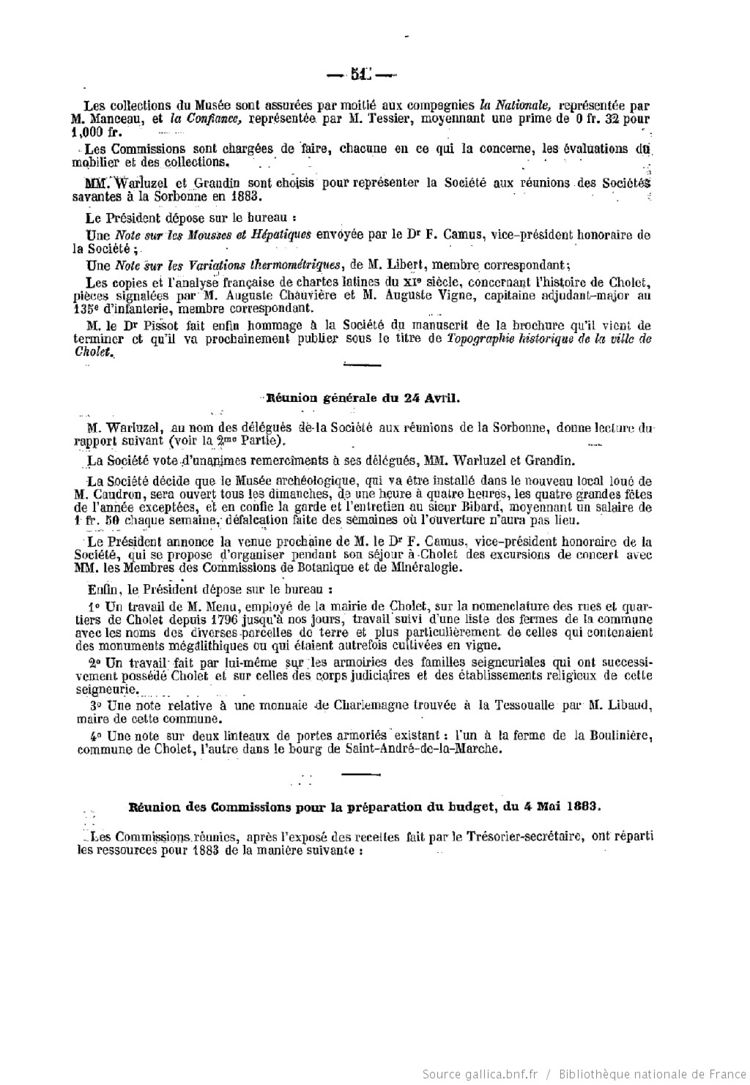 Page 51 du Bulletin de la Société des sciences, lettres et beaux arts de Cholet de 1883.