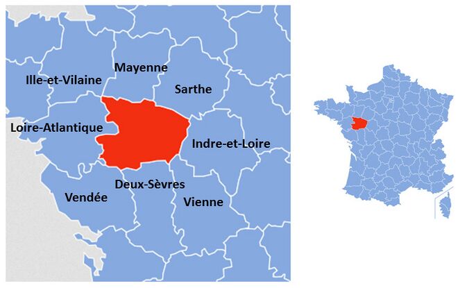 Carte du Maine-et-Loire avec vue des départements limitrophes.