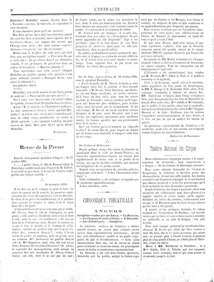 Page 2 du périodique L'entr'acte du 28 novembre 1886.