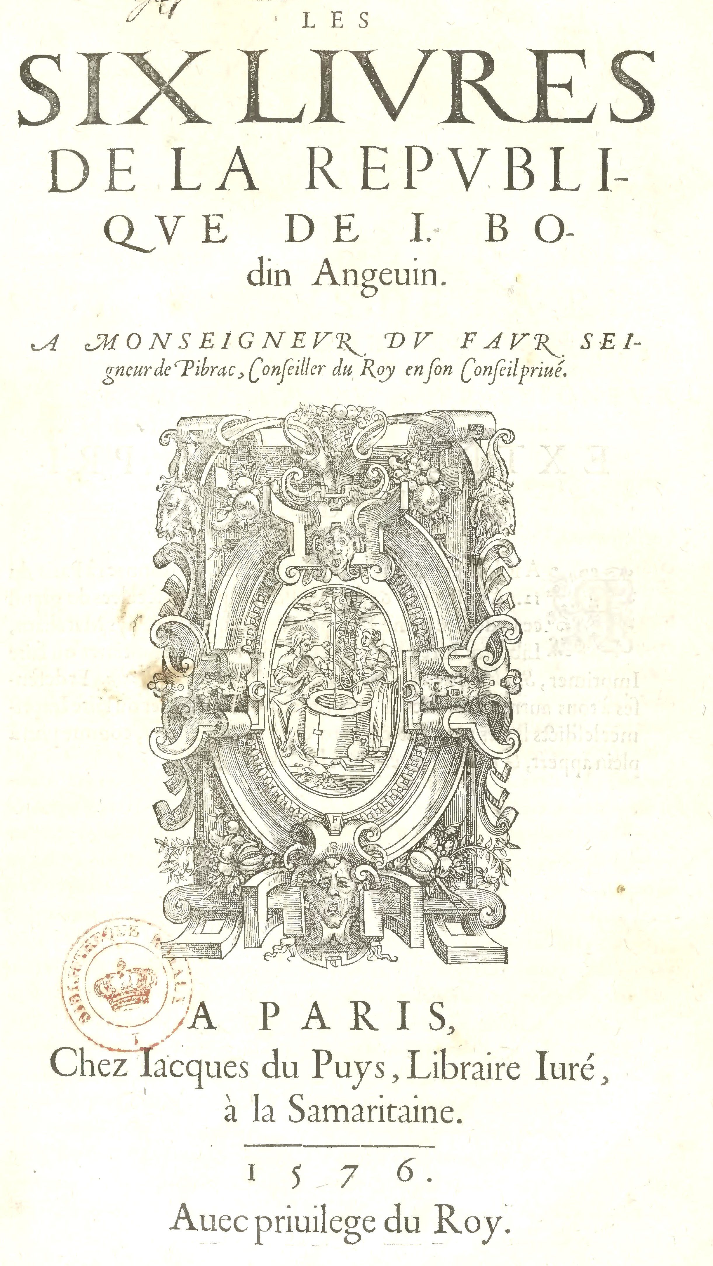 Couverture de Les six livres de la République de Jean Bodin (1576).
