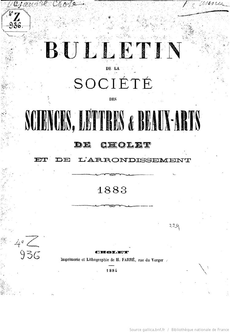 Couverture du Bulletin de la Société des sciences, lettres et beaux arts de Cholet de 1883.