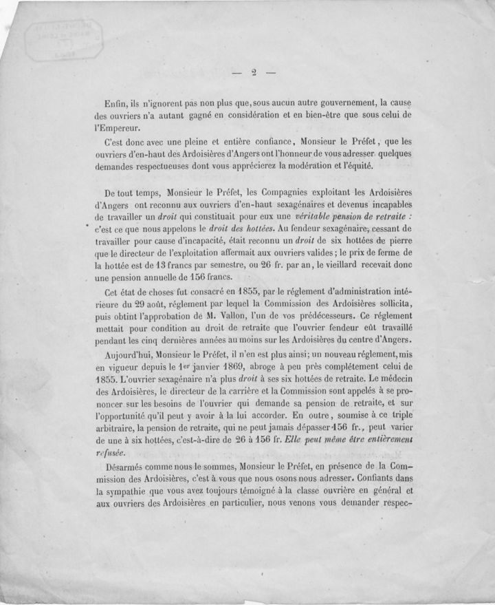 Pétition des ouvriers fendeurs de 1869.