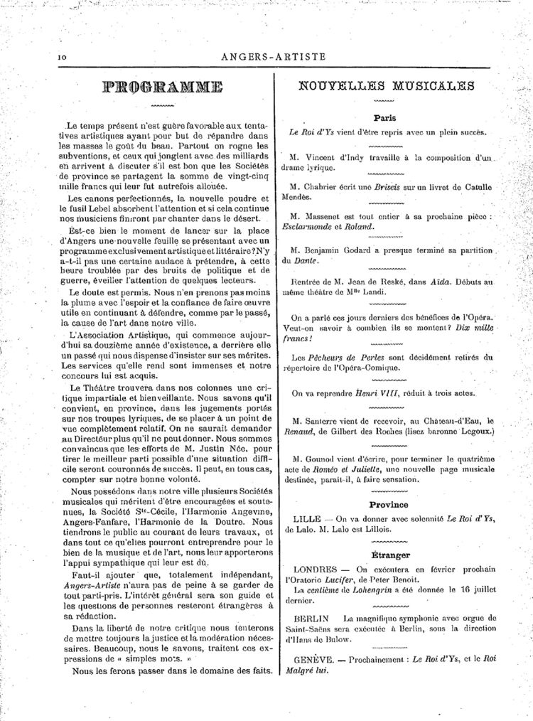 Page 10 du périodique Angers Artiste du 6 octobre 1888.