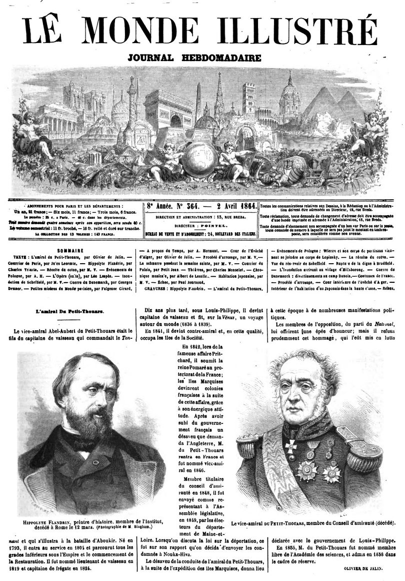 Page 1 du journal Le Monde illustré du 2 avril 1864.
