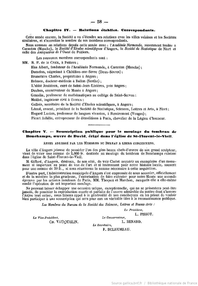 Page 58 du Bulletin de la Société des sciences, lettres et beaux arts de Cholet de 1883.