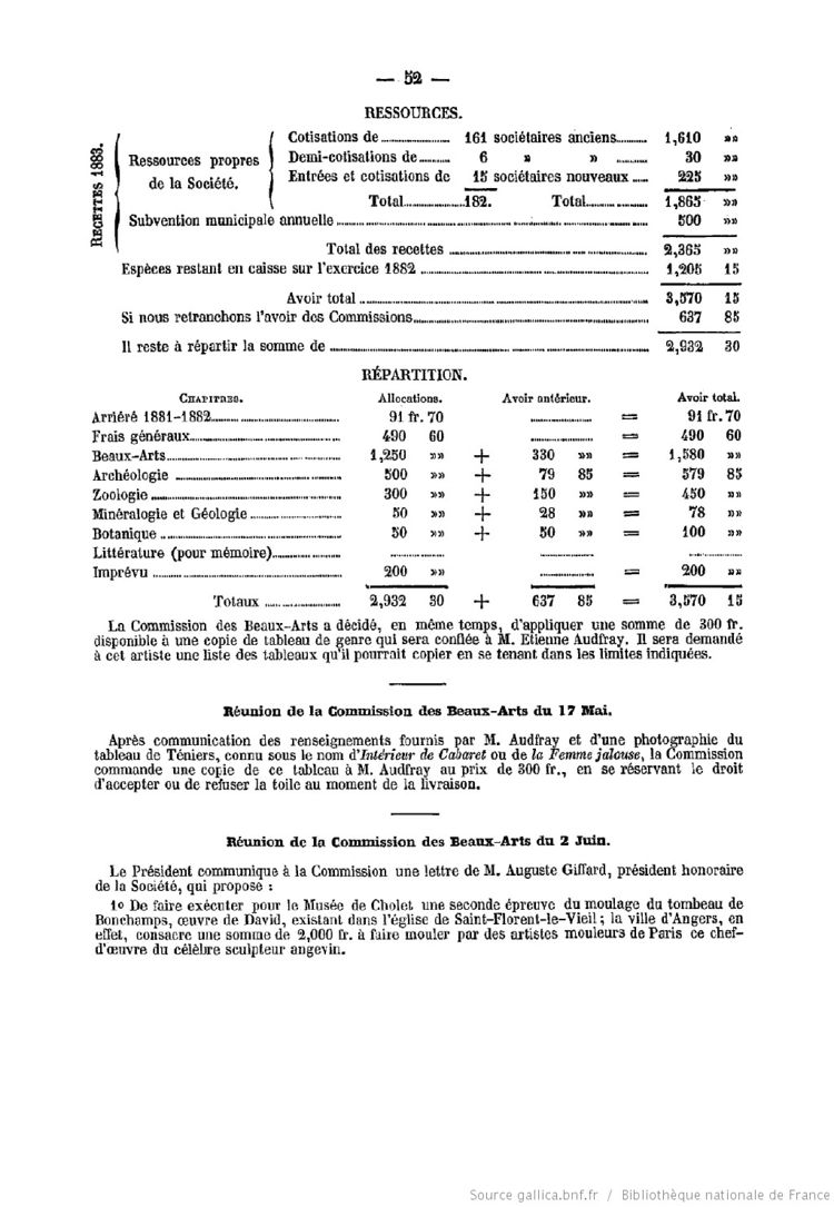 Page 52 du Bulletin de la Société des sciences, lettres et beaux arts de Cholet de 1883.