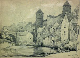 Saumur en 1922 - Tour fortifiée en bord de rivière.