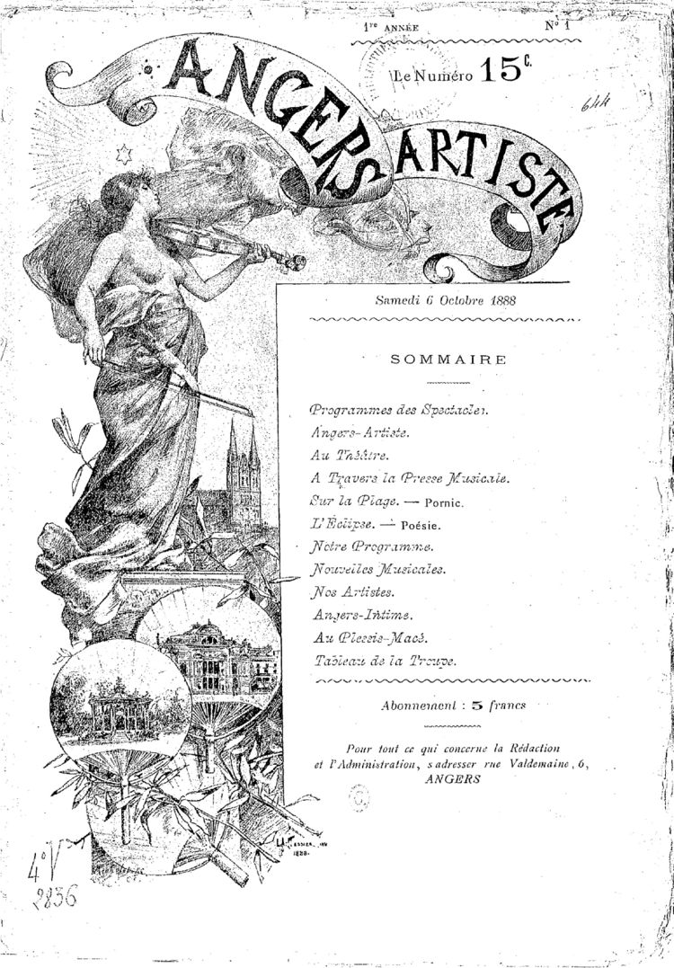Page 1 du périodique Angers Artiste du 6 octobre 1888.