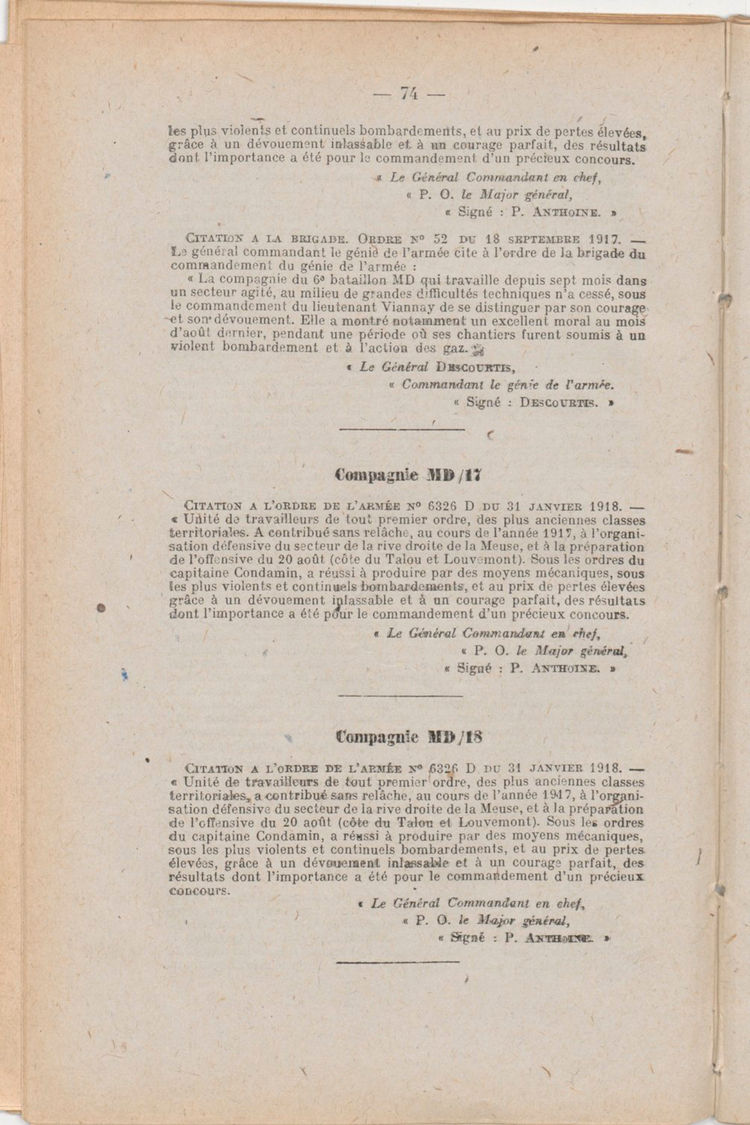 Page 74 de Historique du 6e régiment du génie - Guerre 1914 1918.