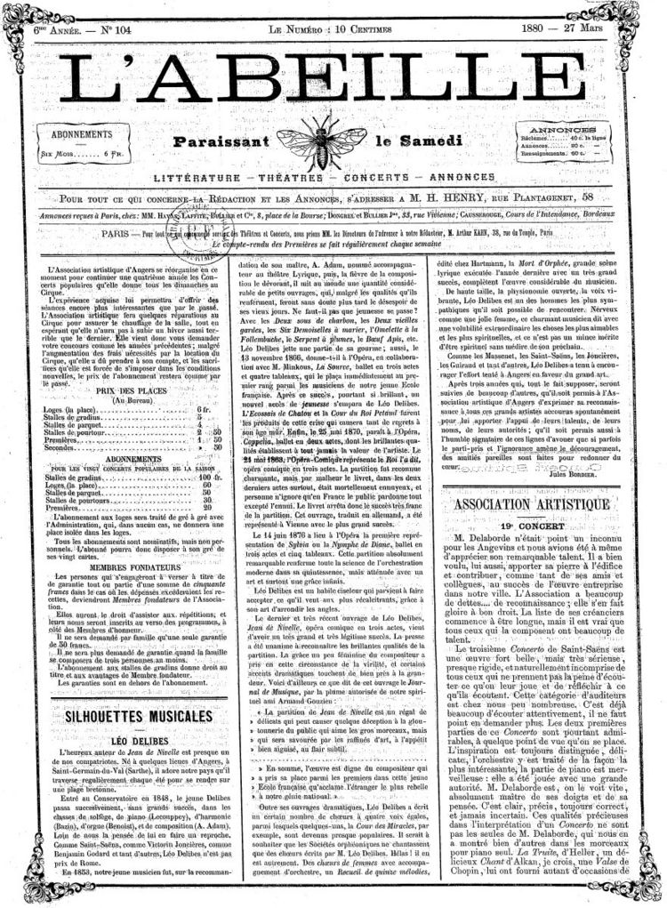 Page 1 du périodique L'Abeille du 27 mars 1880.