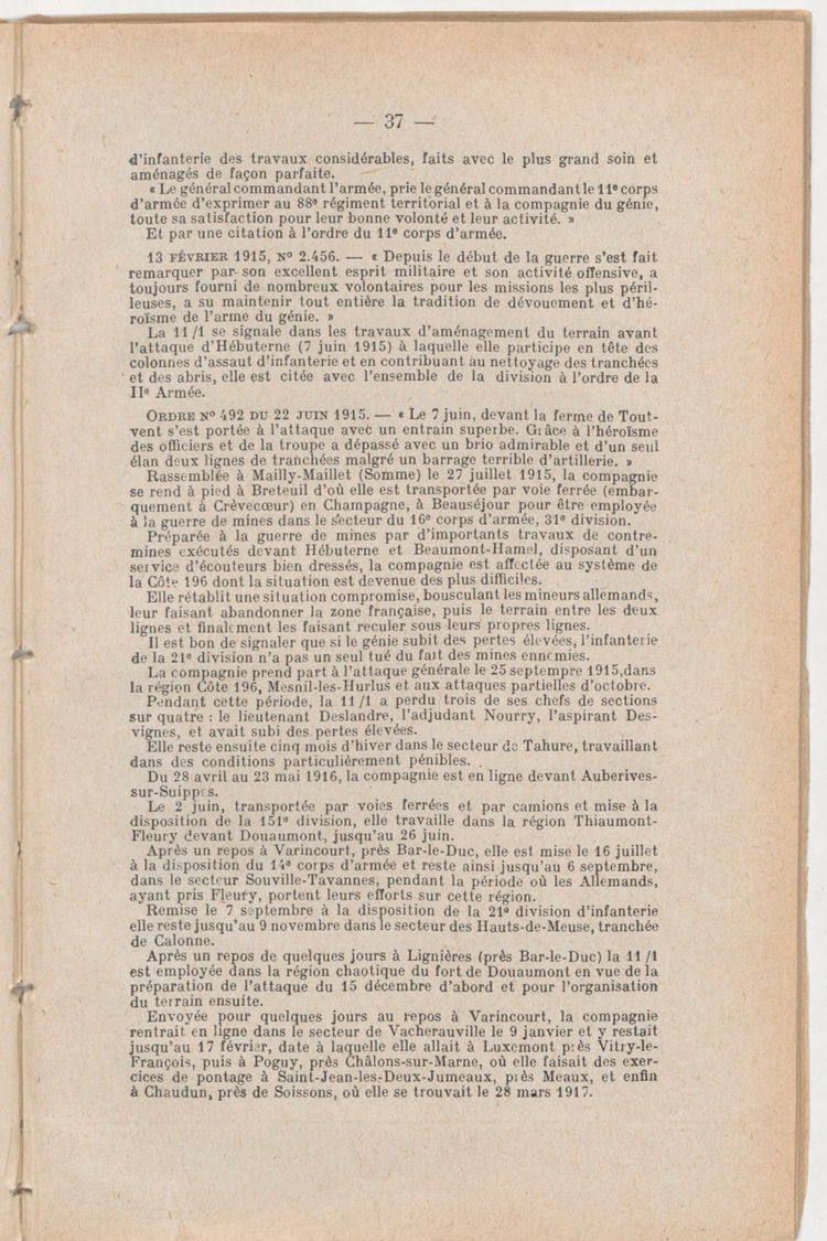 Page 37 de Historique du 6e régiment du génie - Guerre 1914 1918.