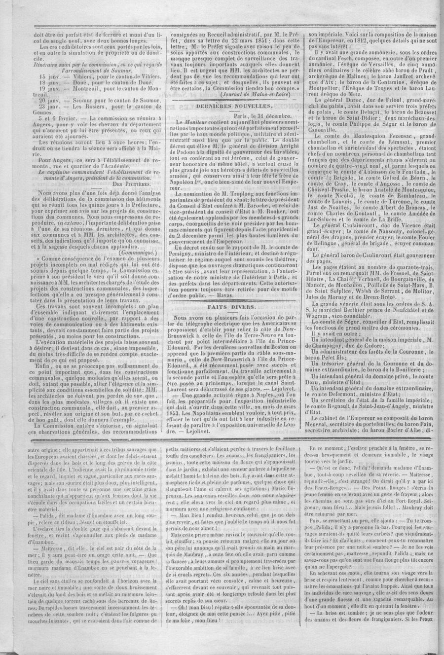 Page 2 de L'Écho saumurois du 1er janvier 1853.