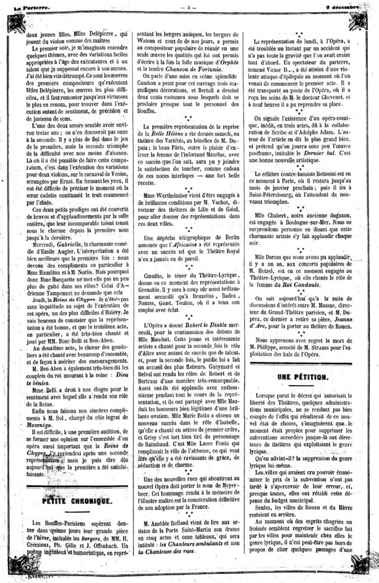 Page 3 du périodique Le Parterre du 2 décembre 1865.