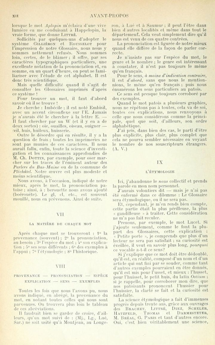 Page XII du 1er volume du glossaire.