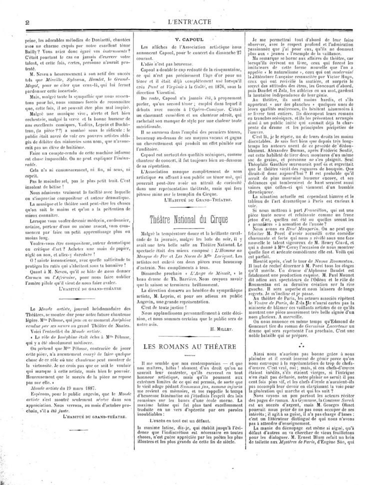 Page 2 du périodique L'entr'acte du 27 mars 1887.