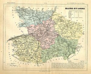 Carte géographique de Maine-et-Loire comprenant cinq arrondissements.
