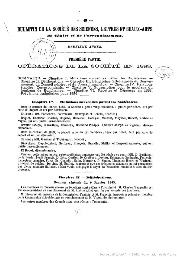 Page 49 du Bulletin de la Société des sciences, lettres et beaux arts de Cholet de 1883.