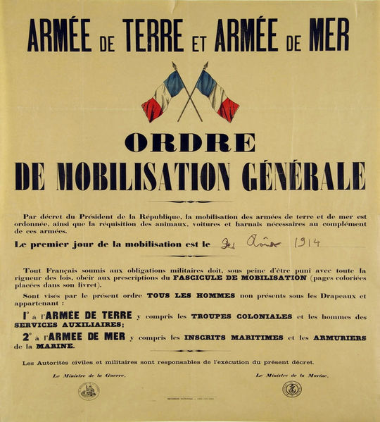 Affiche de l'ordre de mobilisation générale d'août 1914.