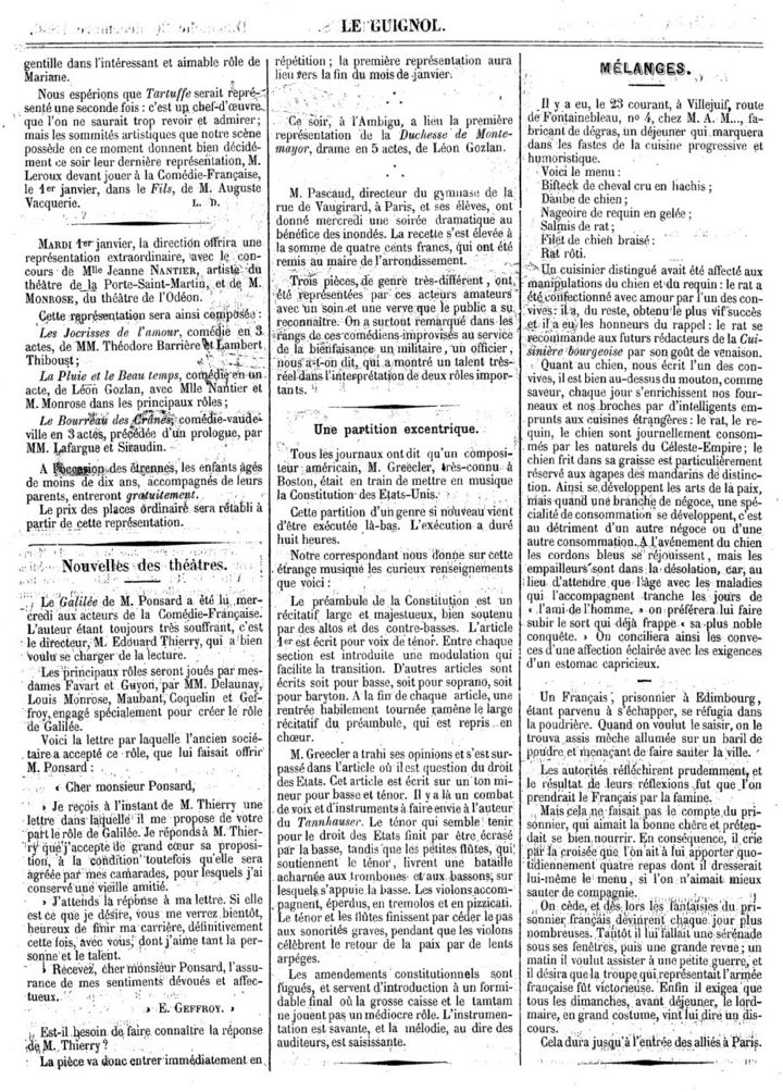 Périodique Le Guignol du 30 décembre 1866.