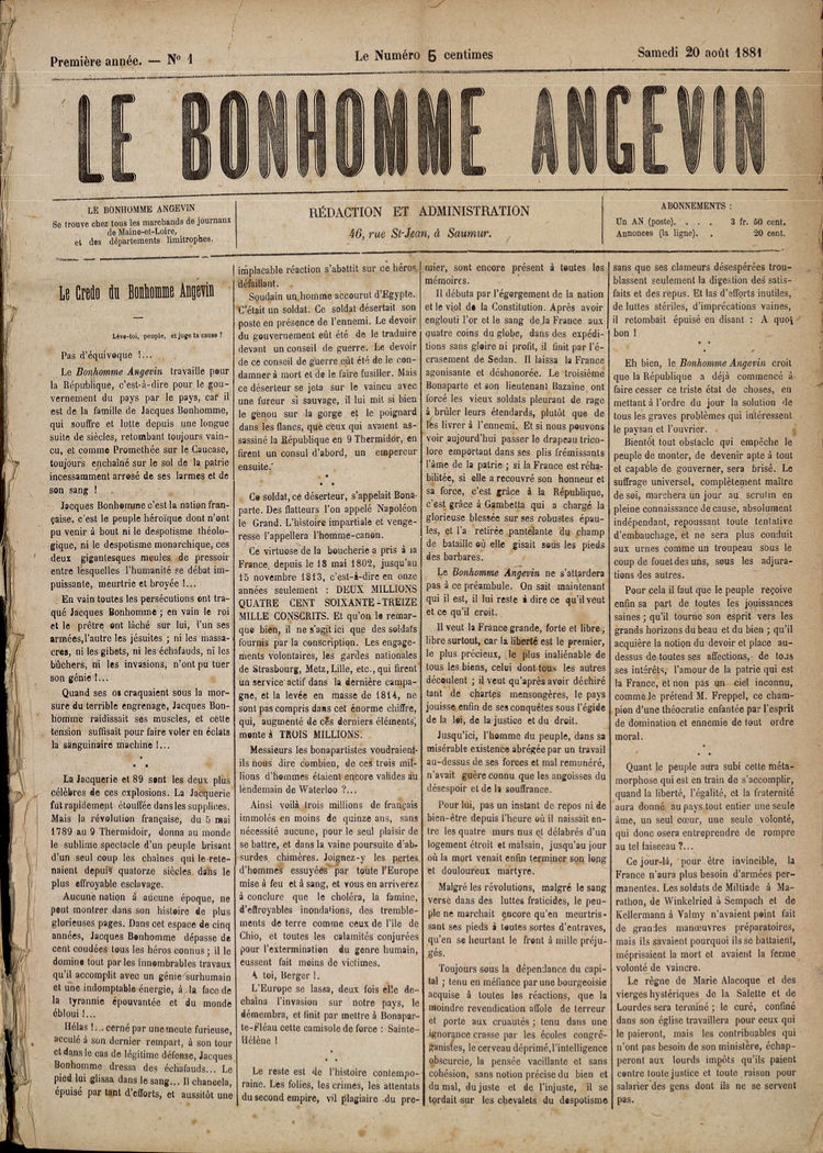 Page 1 du Bonhomme angevin du 20 août 1881.