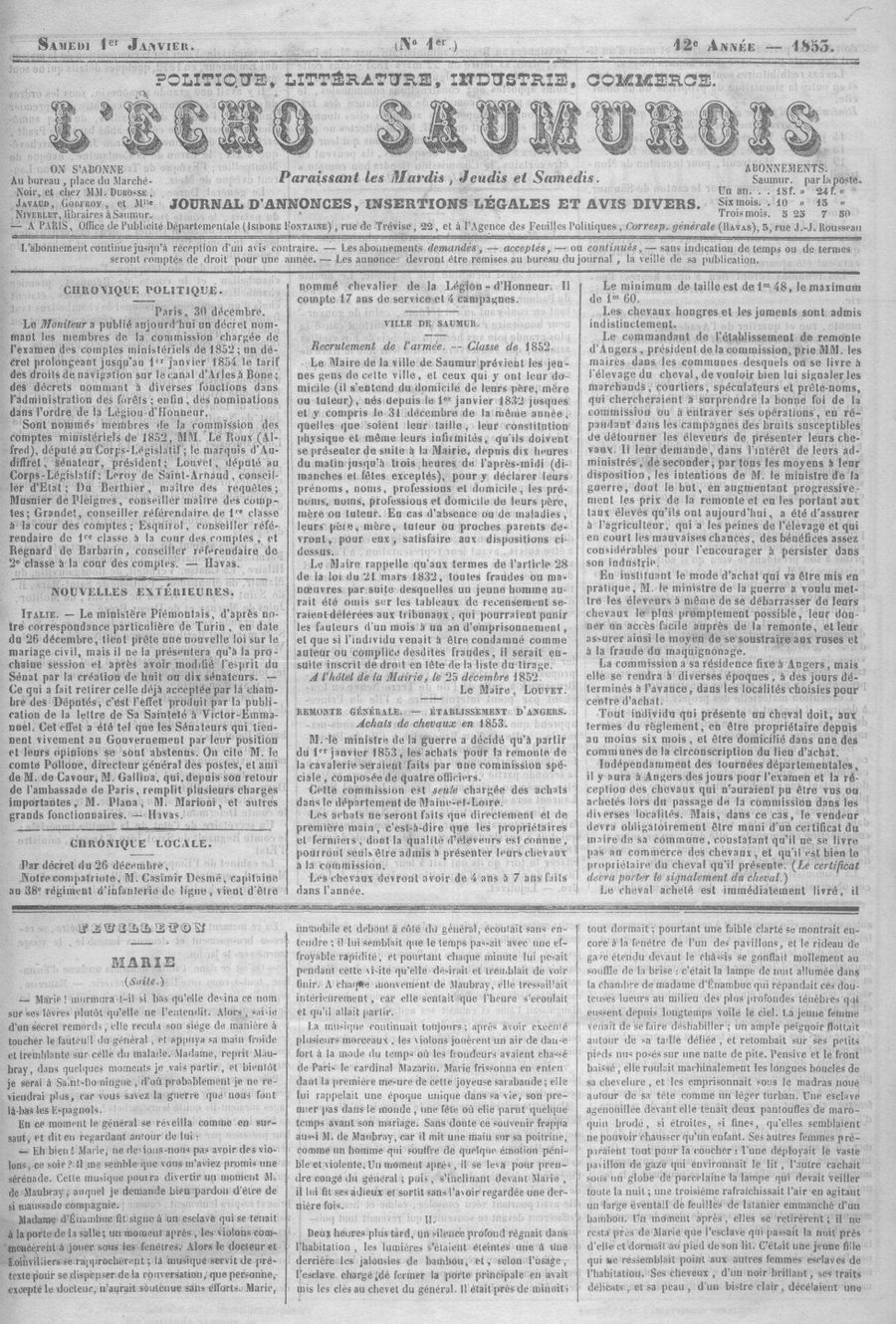 Page 1 de L'Écho saumurois du 1er janvier 1853.