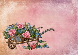 Dessin représentant une brouette contenant des fleurs.